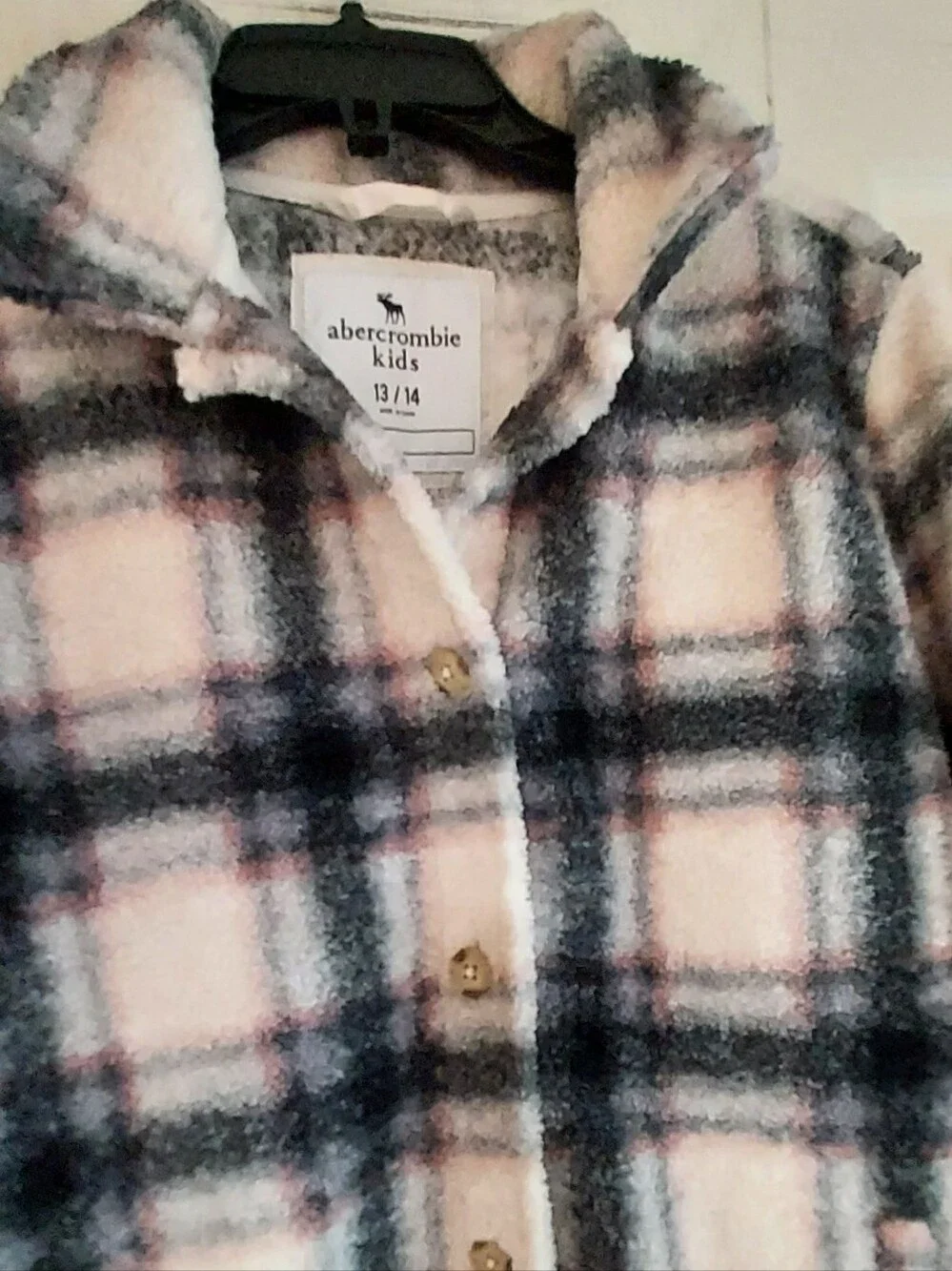 Abercrombie Kids Shaggy Faux Fur Sherpa Plaid Jacket Shacket Button 13/14 Unisex